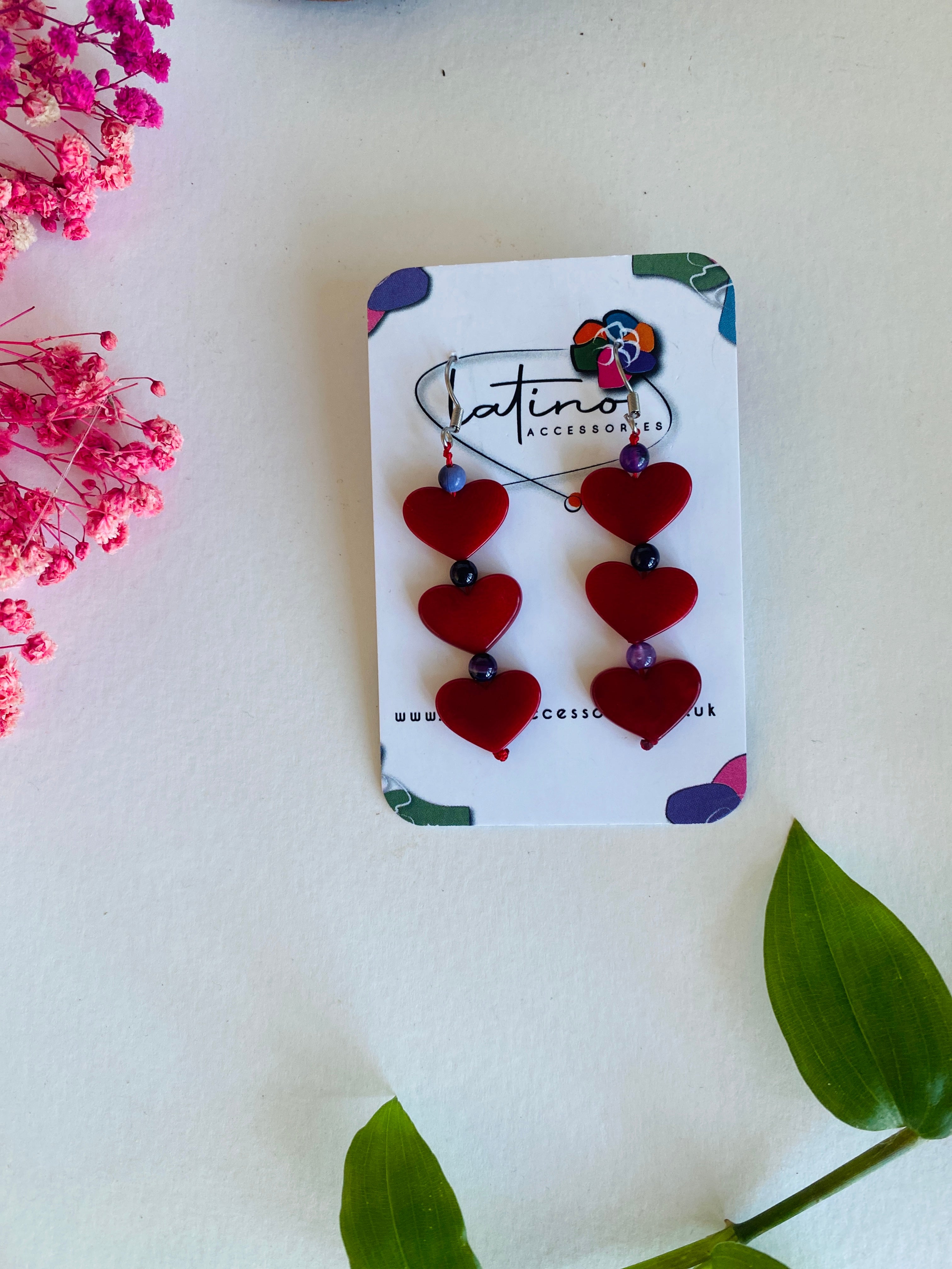 Three Hearts Tagua Earrings - Red